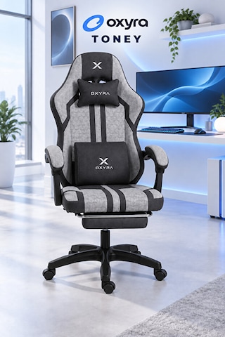 Oxyra Toney Premium Ergonomik Terletmez Kumaş Ayak Destekli Gri Oyuncu Koltuğu GRi Siyah