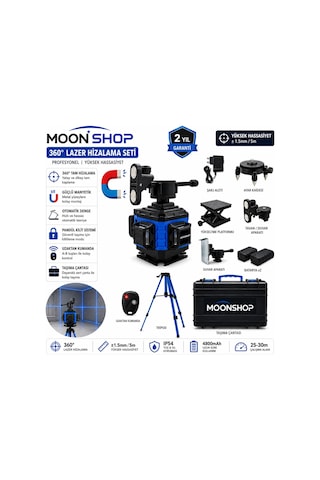 Moonshop 360 Yeşil Lazer Hizalama Seti Şarjlı 16 Çizgili Tripodlu Profesyonel Lazer Terazi