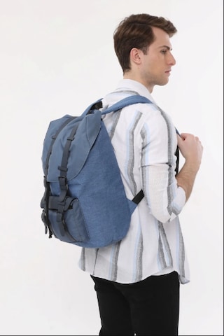 İcone Bag Erkek Büyük Boy Kemerli Kapaklı Dokulu Kumaştan Sırt Çantası Mavi