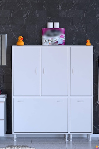 Yaprak 135 Cm Çamaşır Sepetli Pratik Modüler Banyo Dolabı - Beyaz 90+45 X160x32 Cm