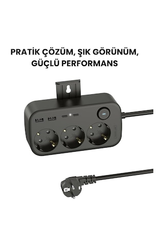 3 Lü Akım Korumalı Çoklu Priz 2 Usb-a 2 Usb-c 2 Metre Kablolu Duvara Monte Anahtarlı Siyah 1 - 3 M