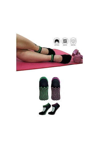 2 Çift Pamuklu Renkli Kaymaz Taban Silikon Baskılı Yoga Fitness Pilates Ve Aktivite Kadın Çorabı Siyah
