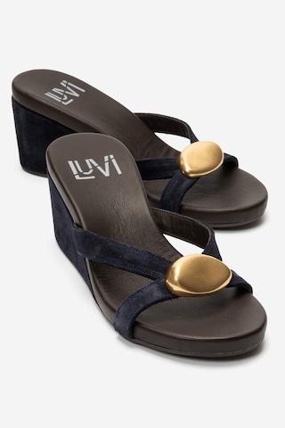 Luvi Shoes Caterına Lacivert Süet Hakiki Deri Tokalı Kadın Dolgu Topuklu Terlik
