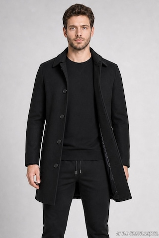 Freemen Erkek Slim Fit Klasik Yaka 3 Düğmeli Kısa Kaşe Kaban-417 Siyah