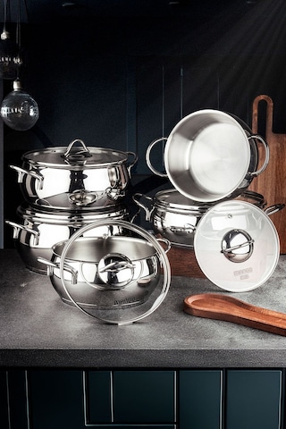 Mango Kitchen Dara Steel - 10 Parça Çelik Tencere Seti Paslanmaz Çelik Master Steel 18/10 Çelik Inox