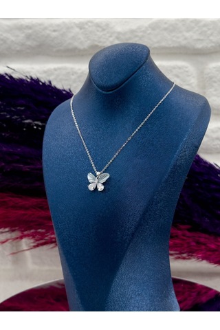 925 Ayar Gümüş Mineli Tasarım Kelebek Modeli Lüks Kadın Kolye Gümüş