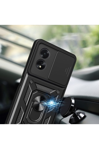 Oppo A38 Uyumlu Magnetik Standlı Kamera Korumalı Zore Sürgülü Vega Kapak-siyah Siyah