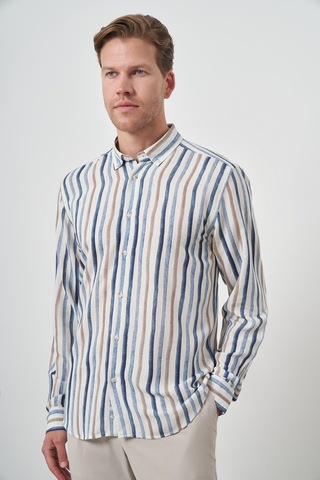 Morven Erkek İndigo Keten Çizgili Desen Düğmeli Yaka Slim Fit Gömlek 25ys004009308 İndigo İndigo
