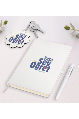 Kişiye Özel Yaşa Sev Öğret Beyaz Defter Kalem Ve Anahtarlık Hediy N11.10661