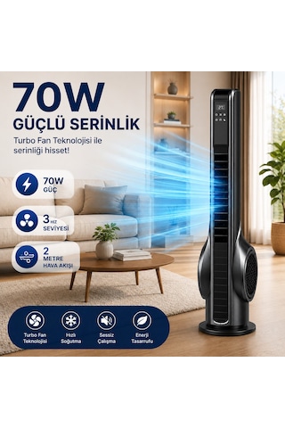 Turbo Akıllı Fan 70w Uzaktan Kumandalı Kule Vantilatör, Aromaterapi Özellikli, Dokunmatik Led Ekranlı, 3 Hız Kademeli, 3 Modlu, 12 Saat Zamanlayıcılı, Sessiz Çalışma, Salınımlı Fan