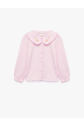Koton Uzun Kollu Çiçek İşlemeli Pamuklu Bebe Yaka Gömlek Pembe 7wmg60002aw Gül