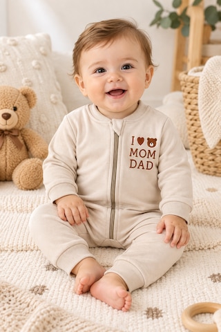 Beniizle Baskılı Unisex 3 İplik Şardonlu Fermuarlı Bebek Tulum Ekru