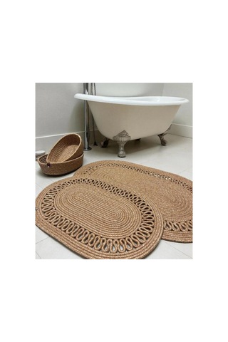 Oval Örgü Banyo Paspası Hasır Görünümlü Dekoratif Kaymaz Banyo Paspası 2 Adet Dekoratif Kutu Hediye Bej Bej