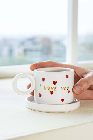 Rivaistanbul I Love You Amore El Yapımı Seramik Double Kahve Fincanı Mug Kupa Krem