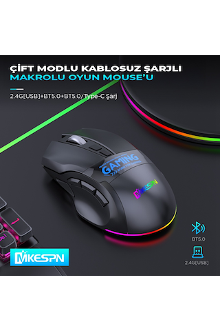 Mkespn W10 Dual Mode Rgb Gaming Mouse 2.4 Ghz Bluetooth 2400 Dpı 9 Tuş Makro 500hz Siyah Diğer