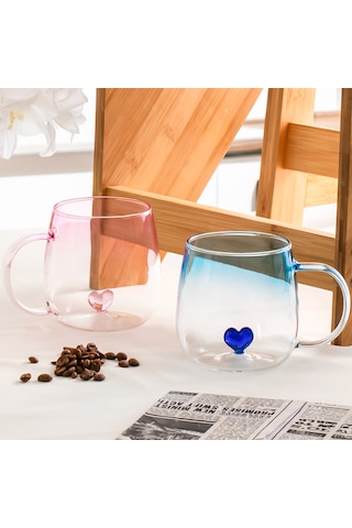Porsima Pbt-707 Dream Love Hearts - 400ml Romantik Kalp Tasarımlı 2'li Renkli Borosilikat Cam Kupa Seti Şeffaf