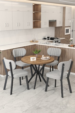 Gnr 90cm Sabit Atlantik Mutfak Masası Takımı, Yemek Masası, 4 Modern Gri Sandalye Gri