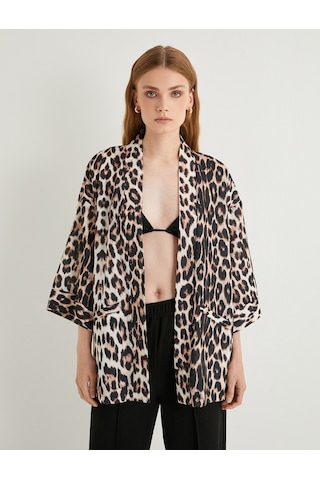 Koton Leopar Desenli Kimono 3/4 Geniş Kol Kalça Boy Bol Kalıp Siyah Desenli 4sak50040ew Siyah