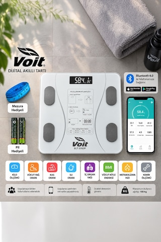 Voit Blt5000 Bluetooth Baskül - Dijital Akıllı Tartı - Yağ Ölçer Tartı - Pil Ve Mezura Hediyeli Tartı - Beyaz