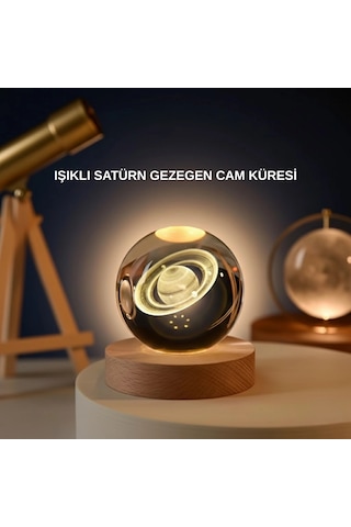 Mey İthalat Satürn Gezegenli Kristal Küre Led Lamba Usb Li Ahşap Standlı Diğer