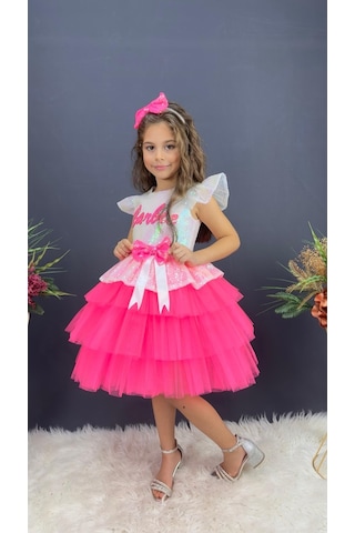 Barbie Beyaz Taçlı Kız Çocuk Doğum Günü Parti Elbisesi Abiye - Beyaz