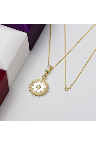 Pusula Model Sedef Taşlı Yıldız Detaylı Gold Rengi 925 Ayar Gümüş Kadın Kolye Gold