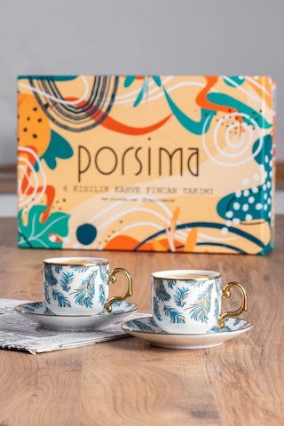 Porsima Yalın Altın Yaldızlı 6 Kişilik 12 Parça Fincan Seti Türk Kahvesi Takımı Kahve Fincanı Gül Kurusu