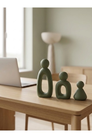 Kaveld Aura Family Minimalist Dekoratif Heykel 3'lü Set El Yapımı Modern Biblo Mermer Tozu & Çimento Kompozit Premium Salon Ve Ofis Dekoru Yeşil