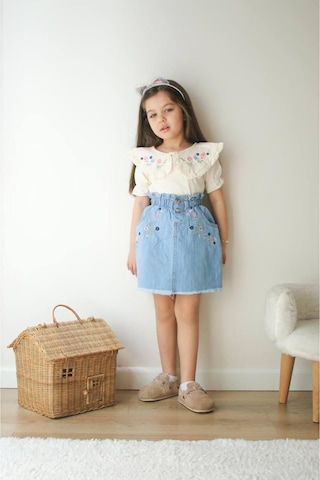 Çiçek Nakış İşlemeli Kot Etekli Kız Çocuk Takım Mavi