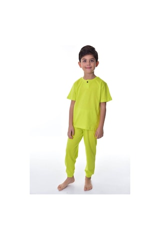 Bunny Hopp %100 Pamuk Süprem Penye Kumaş Düğmeli Sade Düz Renk Terletmeyen Erkek Çocuk Pijama Takımı Fıstık Yeşili