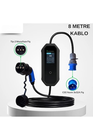 7 KW 32A Türkçe Menü 8 M Elektrikli Araç Şarj İstasyonu Taşınabilir