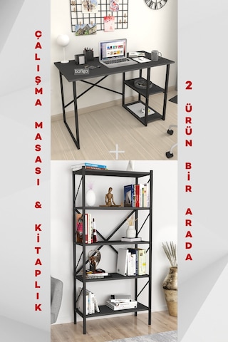 2 Raflı Çalışma Masası Bilgisayar Masası Ofis Masası + 5 Raf Antrasit