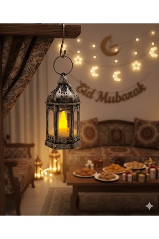 9 Cm Ramazan Ledli Eskitme Gümüş Fener - Pil Dahil Dekoratif Ramazan Feneri Diğer