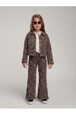 Kız Çocuk Cepli Leopar Kot Ceket-15588 Kahverengi