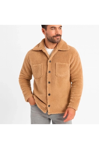 Valensdesign Erkek Pelüş Polar Hırka Gömlek Yakalı, İlik Düğmeli, Göğüs Cepli, Yumuşak Dokulu Kışlık Regular Fi Açık Kahverengi