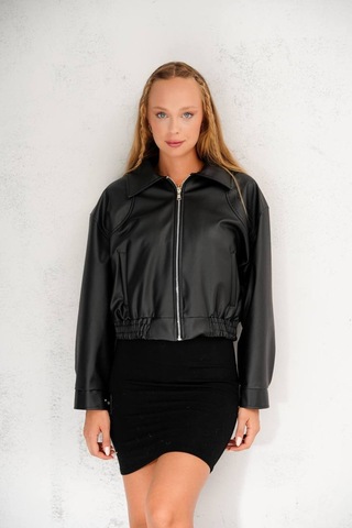 02lady Fashion Oversize Yeni Sezon Bomber Deri Ceket Siyah Siyah