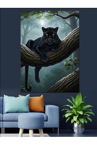 Siyah Kara Panter Puma Kedi Ağaç Dalı Dekoratif Kanvas - Mdf Ahşap Tablo