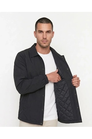 Efnaz Style Erkek Yağmur İtici İç Astarlı Çıtçıtlı İç Cepli Dış Cepli Mevsimlik Mont - Siyah