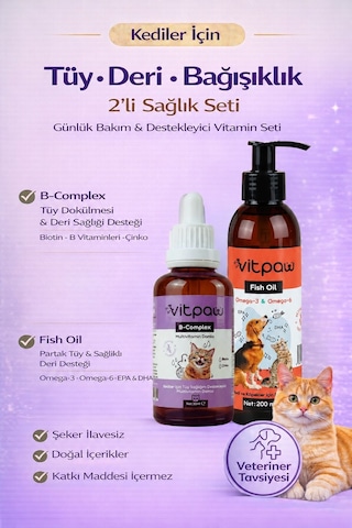 Kediler İçin Tüy & Deri Bakım Seti B+ Complex Damla + Balık Yağı Omega 3 & 6