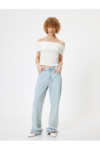 Koton Madonna Yaka Crop Bluz Kısa Kollu Bürümcük Dokulu Slim Fit Ekru 4sal60061ık Ekru