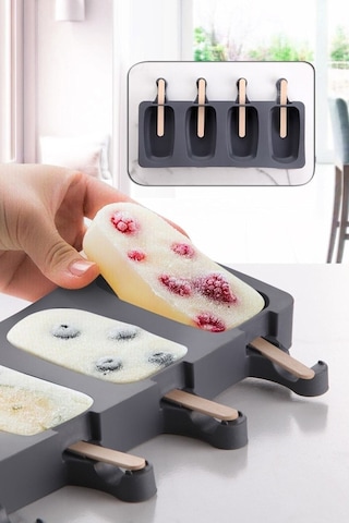 Magnum Dondurma Kalıbı Ve 50 Adet Ahşap Çubuk -4'lü Büyük Boy Pratik Magnum Silikon Dondurma Kalıbı Antrasit