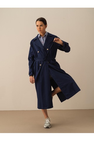 Xint Lacivert Pamuk Dokulu Oversize Trençkot 290446