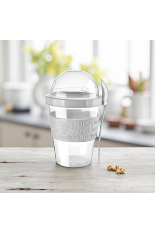 Titiz 600 Ml Kaşıklı Yoğurt & Müsli Kabı - Taşınabilir Kase - Beyaz Çok Renkli