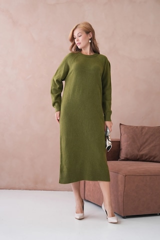 Kadın Bisiklet Yaka Yumuşak Dokulu Maksi Boy Şardonlu Oversize Triko Elbise 8324sw Haki