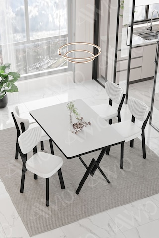 Avvio Carla Elma Sandalye 80x120 Yemek Masası Mutfak Masası 4 Kişilik Masa Sandalye Takım Düz Beyaz