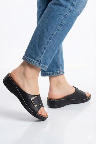 N Moda Kadın Tokalı Ortopedik Günlük Terlik Hafif Ve Rahat Taban Siyah