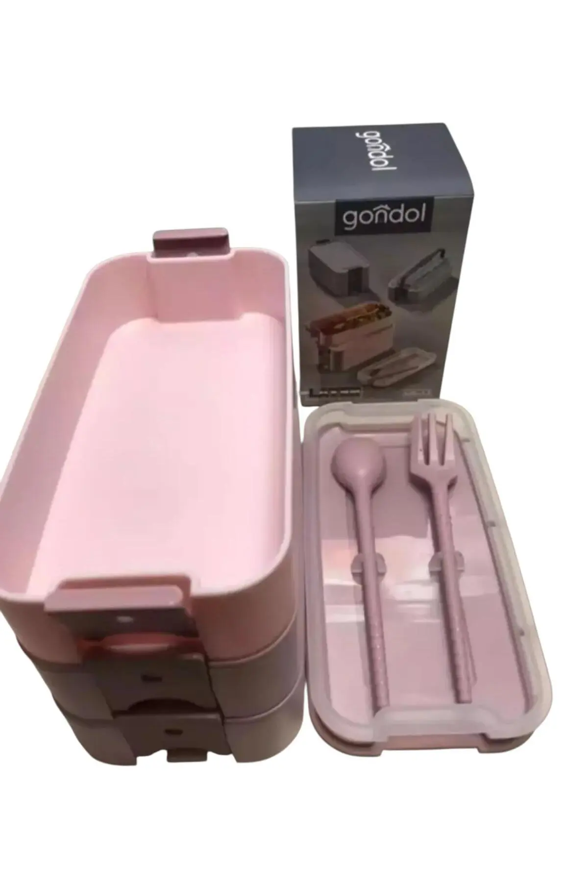 Gondol Layer Lunch Box Kilitli Kat Kat Beslenme Kutusu Çatal Kaşıklı Pembe