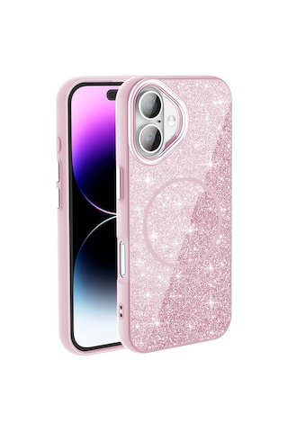 Apple Uyumlu iPhone 17 Kılıf M-safe Şarj Özellikli Parlayan Simli Okso Kılıf Pembe