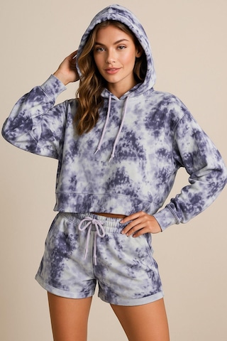 Kadın Lila Kapüşonlu Sweatshirt-şortlu Alt Üst Takım Oversize Batik Desen İkili Takım Çok Renkli