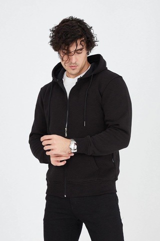 Barlashive Erkek 3 İplik Pamuklu Fermuarlı Kapüşonlu Kanguru Cepli Hoodie Hırka Sweatshirt - Siyah Çok Renkli